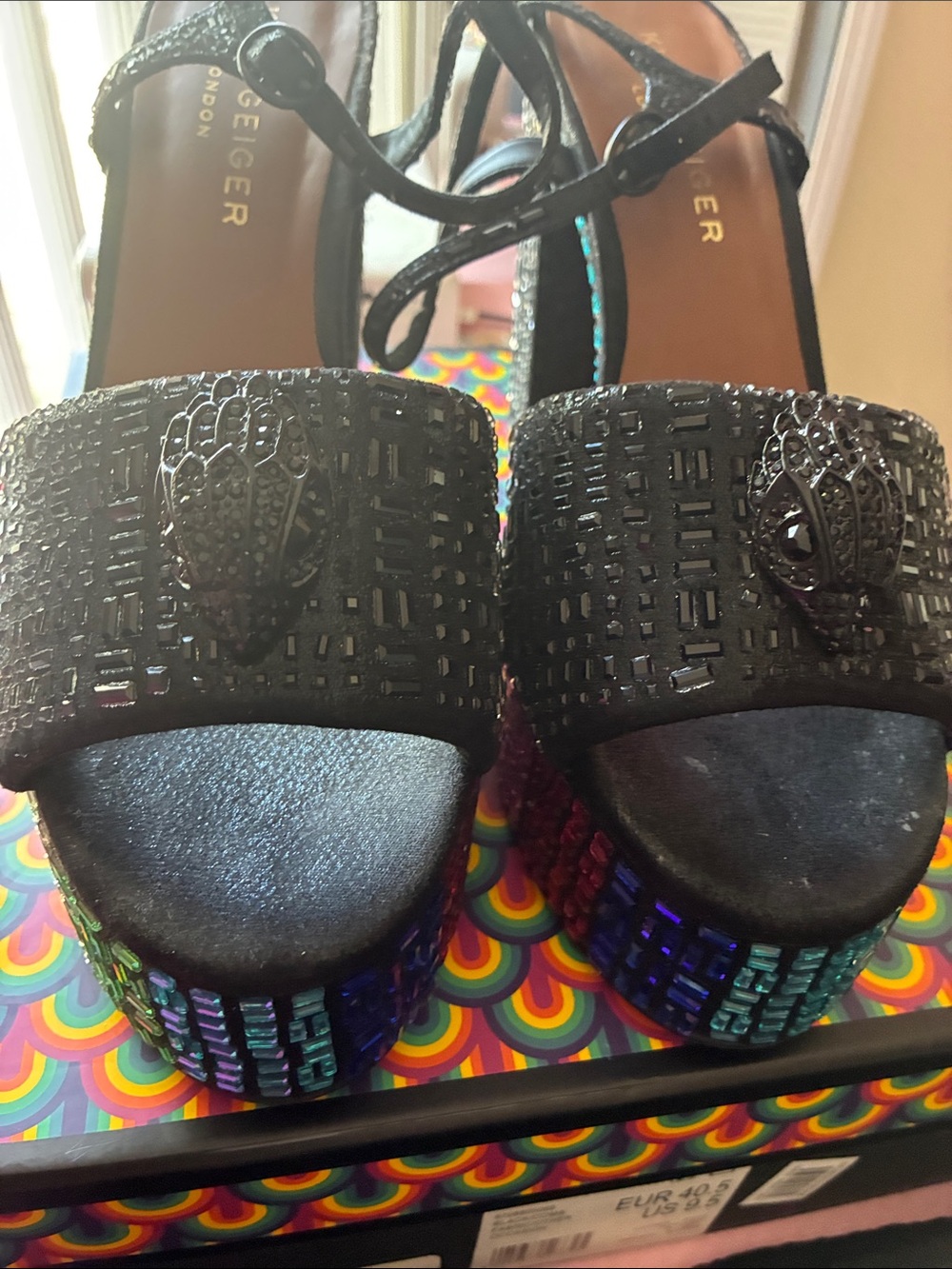 Kurt Geiger kensignton Platform Sandals with Iridescent Rhinestone Heel - Black - Picture 9 of 10